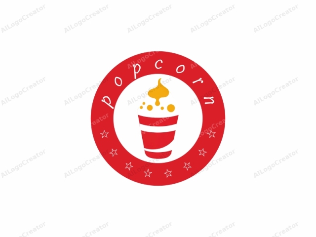 This is a minimalist, stylized logo in flat, digital art form, featuring a cup with a lid. The cup is predominantly red and stands as the central focus of the image. Around the cup, there are several small, round, yellow