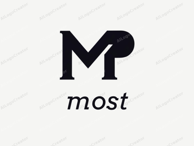 This image features a minimalist, monochromatic logo composed of bold, uppercase letters. The logo design prominently showcases the letters "M" and "P" arranged in a symmetrical formation, with the "P" slightly larger than the "M