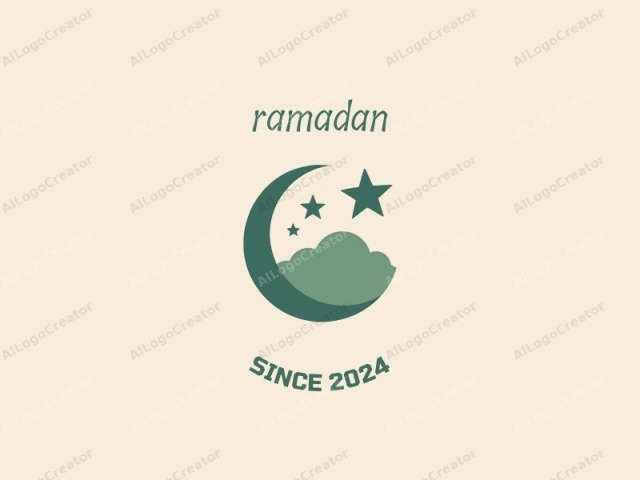 focusing on its design elements and symbolism. This minimalist digital logo features a simplified crescent moon at the top, with a soft green hue, positioned on the left side. Above the crescent moon, five stars of varying sizes are arranged in a