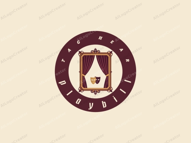 This logo features a stylized, framed illustration. The frame is rectangular and adorned with ornate, symmetrical detailing at the corners and top, adding a sense of elegance and formality. The frame is outlined in a deep burgundy color,