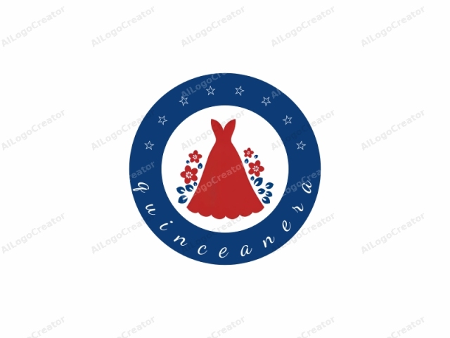 This is a stylized, minimalist logo depicting a red dress with a V-neck and a flowing silhouette. The dress is the central focus, designed in a simple, clean line drawing style. Surrounding the dress are two pairs of red, five