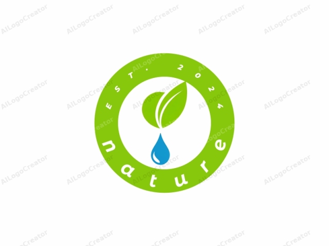 La imagen es un logo gráfico vectorial estilizado y minimalista, que presenta una hoja verde y una gota de agua sobre un fondo blanco limpio. La hoja está posicionada prominentemente en el centro, con un contorno grande, redondo y suave que representa la lámina de la hoja y una