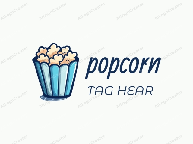 The image is a cartoon-style illustration of a classic popcorn container, drawn in a playful, whimsical manner. The popcorn bucket is depicted in a simple, stylized fashion, with a smooth, curved, light blue exterior and alternating vertical lines that