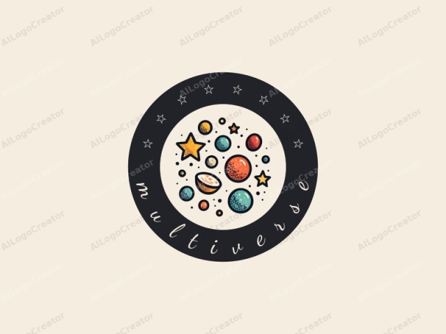 a whimsical, colorful planet. The image features a cluster of planets scattered against a plain beige background. Each planet is drawn with bold, black outlines and filled with various vibrant colors, including shades of red, blue, orange, yellow, and