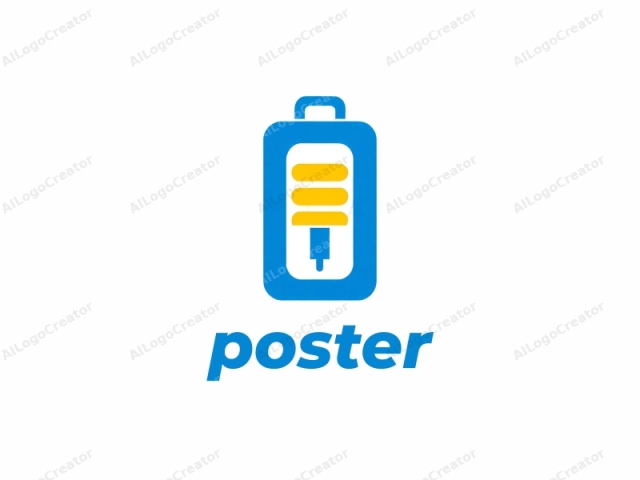 This image features a minimalist, flat design of a blue and yellow charging plug icon set against a plain white background. The plug is centrally positioned and depicted in a simplistic, stylized manner. The plug has a cylindrical blue body with a handle at