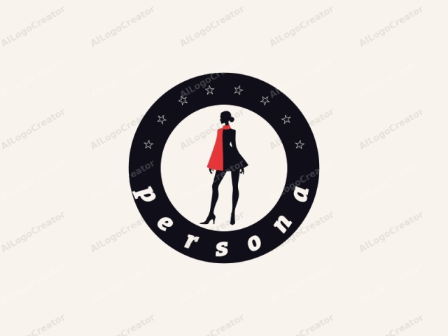 This is a minimalist, flat vector illustration of a female silhouette in a stylish outfit. The figure stands confidently against a plain, off-white background. Her clothing is divided into two distinct sections: the left half of her body is in solid black,