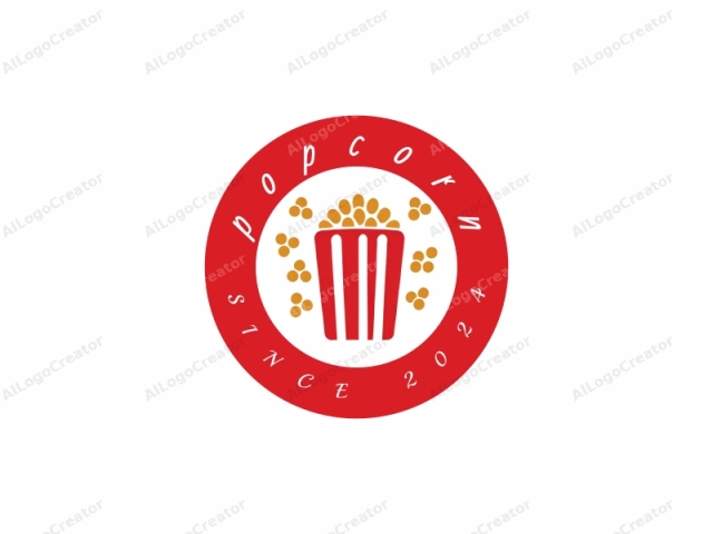 which employs a minimalist, flat design. The image features a red paper popcorn bucket with a yellow, stylized depiction of popcorn kernels scattered around it, giving the impression of being popped and ready to serve. The bucket's design is simplistic, with