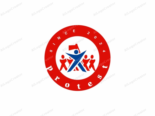 This logo features a simplified, modern design using a limited color palette of red, blue, and white on a plain white background. The main figure is centrally placed and consists of three elements: a blue circle representing a human figure, a blue X