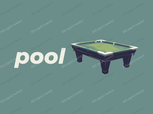This is a minimalist digital drawing of a pool table set against a solid, muted teal background. The pool table dominates the image, taking up the majority of the space. It is depicted in a stylized manner, with bold, geometric lines and