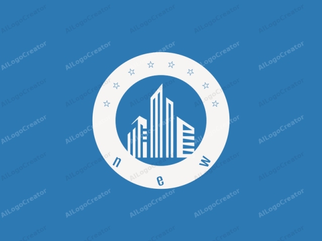 The logo is a minimalist, stylized depiction of a city skyline. The background is a solid, bright blue color. In the center of the image, the city skyline is depicted using white lines and shapes, which form the silhouette of a modern