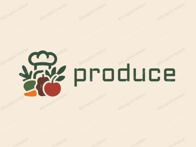 This digital drawing is a minimalist, stylized representation of a chef's hat and a variety of fresh vegetables. The chef's hat is depicted in a solid green color and placed centrally at the top of the composition, with its brim and crown