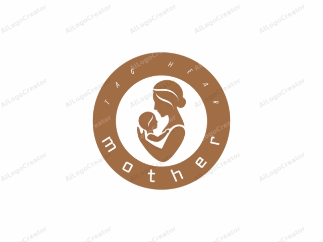 Dies ist ein Logo-Design, das stilisierte braune Silhouetten einer Frau und eines Babys zeigt, die sich gegenüberstehen. Die Frau wird mit ihrem Haar, das ordentlich zu einem Dutt gebunden ist, dargestellt, und sie hält das Baby nah an ihrer Brust.