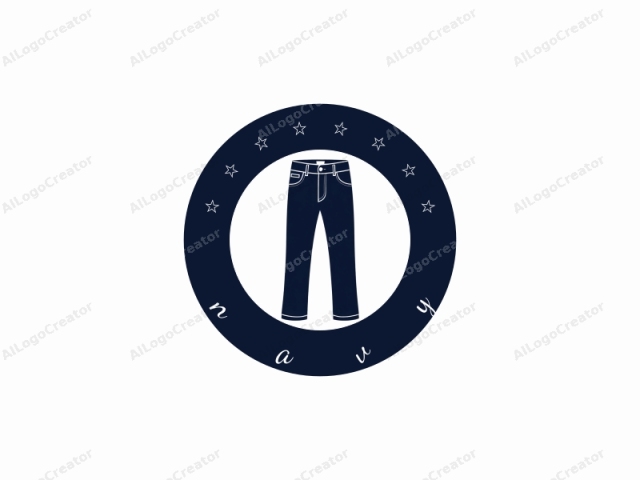 Dies ist eine minimalistische, monochromatische digitale Zeichnung einer dunkelblauen Jeans. Die Jeans ist in einem vereinfachten, flachen Vektorstil dargestellt, ohne Texturen oder Schatten. Sie hat einen klassischen Straight-Leg-Schnitt und ist zentral positioniert, nach vorne gerichtet.