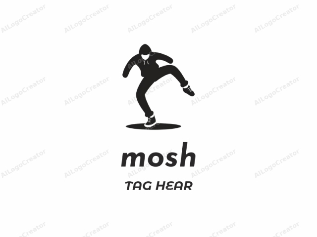 The logo is a minimalist, monochromatic silhouette drawing rendered in black and white. It features a stylized human figure, portrayed from behind, engaged in a dynamic pose that suggests movement or dance. The person is wearing a hooded sweatshirt