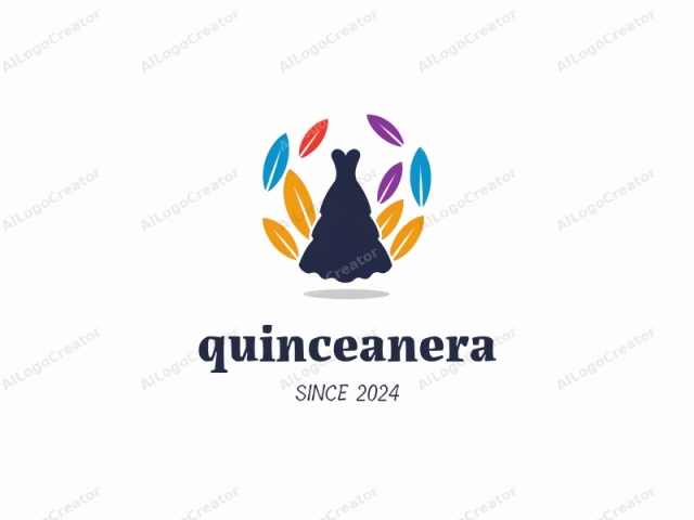 This is a stylized logo featuring a simplified silhouette of a dress. The dress is depicted in a dark navy blue color and occupies the central area of the logo. Surrounding the dress are five stylized, abstract leaf shapes arranged in a semi