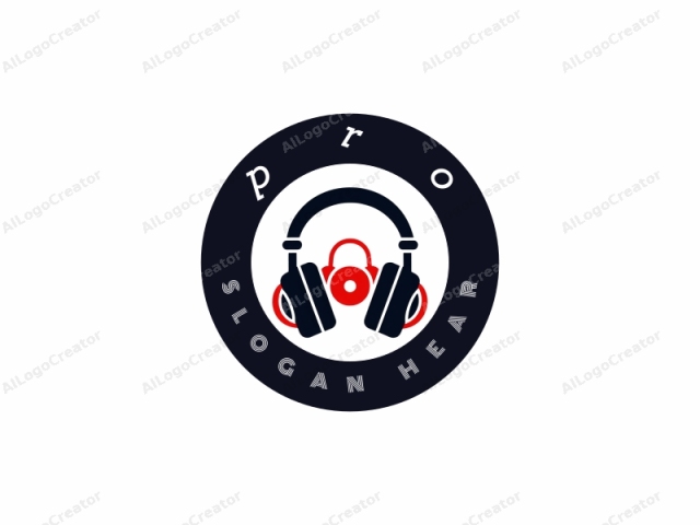 The image is a minimalist, digital logo designed in a flat, iconic style. The central focus is a pair of oversized, black headphones with red ear cups. The headphones are depicted with a simplified, abstract design, lacking intricate details or shading.