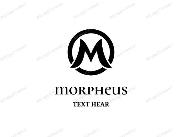 The image is a black and white graphic logo featuring a stylized, modern design. The logo consists of a bold, capital letter "M" set within a black circular frame. The letter "M" is formed by two sharp, sweeping arcs