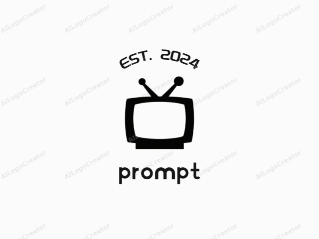 This is a minimalist, black and white logo image featuring a retro television set. The television is depicted in a simplistic, flat design, with a rectangular screen and a square base, devoid of any details or textures. The screen is completely black,