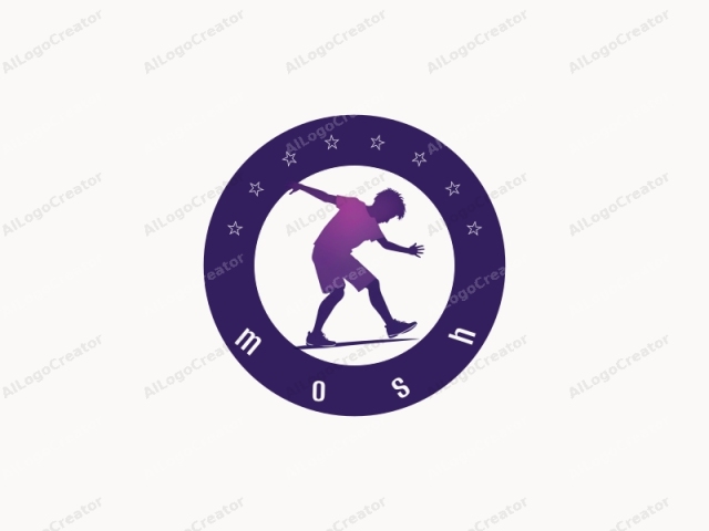 This is a minimalist logo design in a digital illustration style. The main subject is a silhouette of a child, rendered in a solid, gradient purple color. The child appears to be in motion, balancing on a single foot while leaning slightly forward with