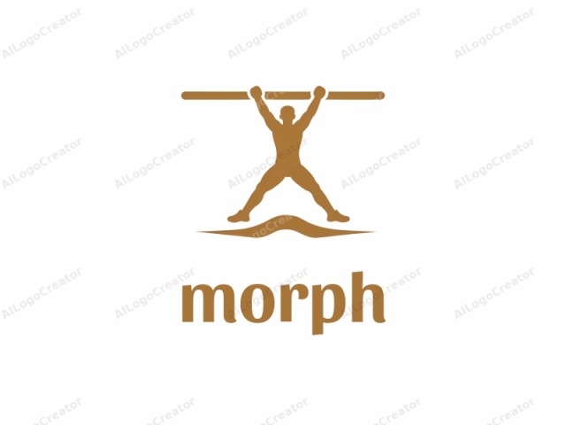 El logotipo presenta una silueta de un hombre musculoso realizando un clean and jerk, un ejercicio de levantamiento de pesas, representado en un color amarillo dorado monocromático sobre un fondo blanco intenso. El hombre está representado de espaldas al espectador, de pie en