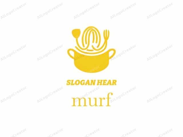 a chef. This is a minimalist, monochromatic logo design featuring a chef's hat and a bowl with pasta. The logo is created in a vibrant yellow color on a stark white background, emphasizing the simplicity and clarity of the image. The