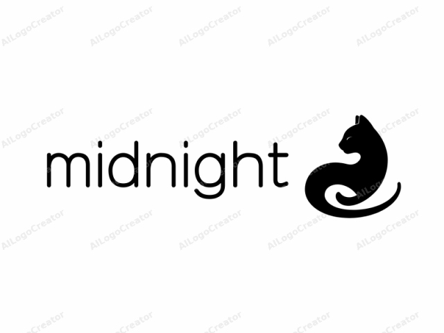 Dies ist ein minimalistisches schwarzes Silhouettenlogo einer stilisierten Katze mit einem geschwungenen Körper. Die Katze wird in einer anmutigen, fließenden Pose dargestellt, die sich zu einer spiralförmigen Form windet. Sie blickt nach links, ihr Kopf ist leicht nach oben geneigt, und die Augen sind geschlossen, was darauf hindeutet