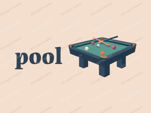 This image is a minimalist digital illustration depicting a rectangular pool table. The table has a dark blue surface and four sturdy legs, each with a light orange accent at the base. Positioned in the middle of the pool table are eight balls: four red