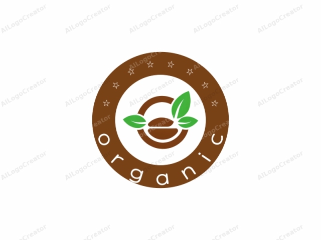 This is a minimalist, abstract logo with a circular design. The central element is a stylized coffee bean, depicted in a rich brown color, representing the coffee product. Encircling the bean, there are two prominent green leaves, symbolizing