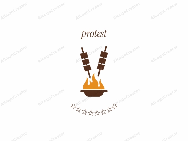 This is a minimalist logo featuring a stylized, brown drawing of two skewers impaled with rectangular, brown food chunks, each skewer pointing towards a central, orange flame. The flame itself is depicted as a simple, abstract, orange shape