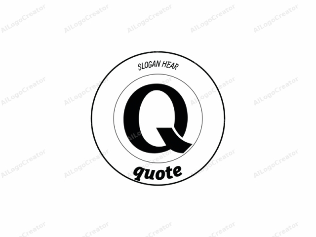 これは、大胆なセリフフォントで大文字の「Q」を描いたミニマリストの白黒ロゴ画像です。「Q」は、シンプルな白い背景の中央に配置されており、その鋭くクリーンなラインと強いフォルムを際立たせています。