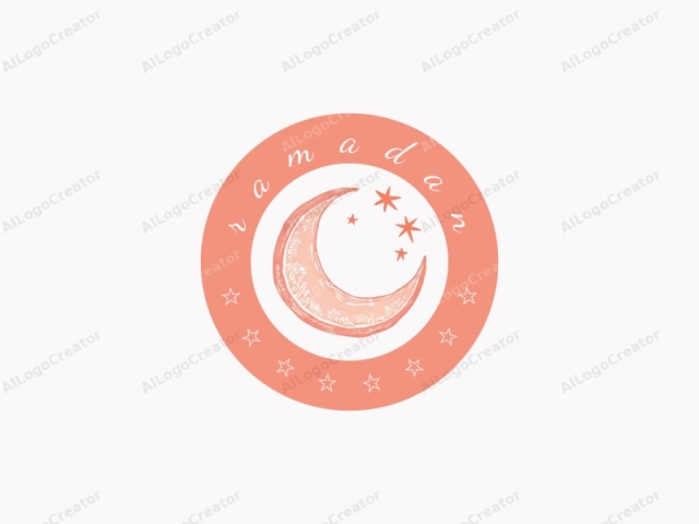 This is a stylized, minimalist logo featuring a crescent moon in the upper center against a clean, white background. The moon is outlined in a soft, peachy-pink hue with subtle shading and texture giving it a three-dimensional appearance.