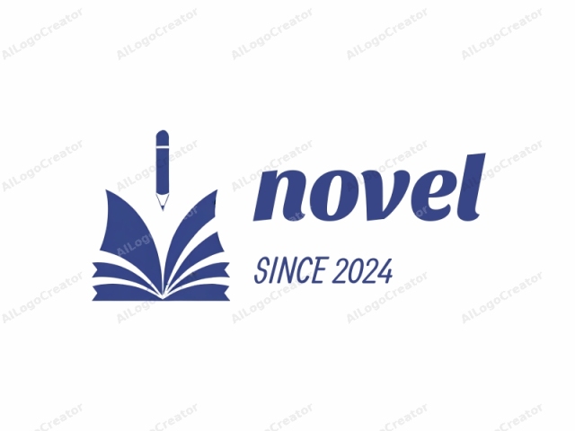 This logo is a simple, stylized illustration in the form of a monochromatic blue icon. The image features a pencil and an open book. The pencil is positioned vertically, pointing downwards with its eraser at the top. The pencil is