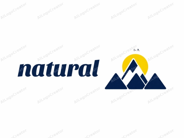 Dieses minimalistische Logo zeichnet sich durch ein stilisiertes Design mit kräftigen geometrischen Formen und einer einfachen Farbpalette aus. Das Hauptmotiv ist eine dreieckige Bergkette mit drei scharfen Gipfeln, die horizontal in der Mitte positioniert ist. Jeder dreieckige Gipfel ist in einem dunklen Marineblau dargestellt, was