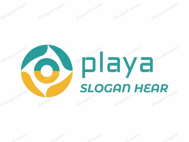 featuring a stylized design. This logo consists of a geometric circle with two distinct colors: teal and yellow. The teal color forms the upper left and right segments, while the yellow color occupies the lower portion of the circle. Inside the circle, there