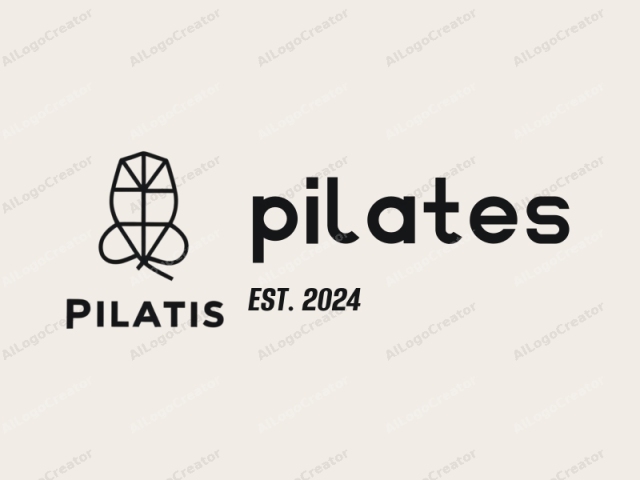 Dies ist ein minimalistisches Logo für das Unternehmen "Pilates", das eine stilisierte, geometrische Form zeigt, die einer stilisierten menschlichen Figur mit großem Kopf und kleinen Gliedmaßen ähnelt. Die Form ist in Schwarz auf einem einfachen, cremefarbenen Hintergrund umrandet, was sie betont.