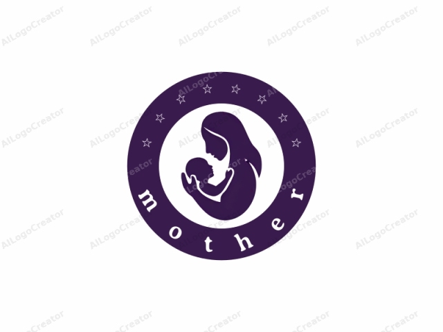 gekennzeichnet durch seine Einfachheit und minimalistisches Design. Das Logo zeigt eine Silhouette einer Mutter, die ein Baby hält, vollständig in tiefem Lila vor einem schlichten weißen Hintergrund dargestellt. Der Kopf und der Oberkörper der Mutter bilden eine sanfte Kurve, mit langem Haar, das herabfließt