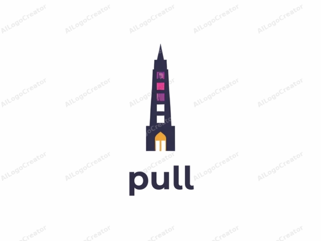 featuring a minimalist, stylized drawing of a tall tower with a simple, yet distinct, design. The tower is rendered in a monochromatic color palette, predominantly dark purple and black, with occasional splashes of pink and yellow. The overall