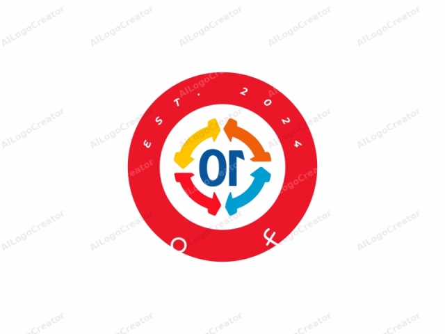 an abstract design featuring four arrows pointing in different directions. The arrows are arranged in a circular formation around a central symbol. Each arrow has a unique color: one is yellow, one is red, one is blue, and one is orange. The