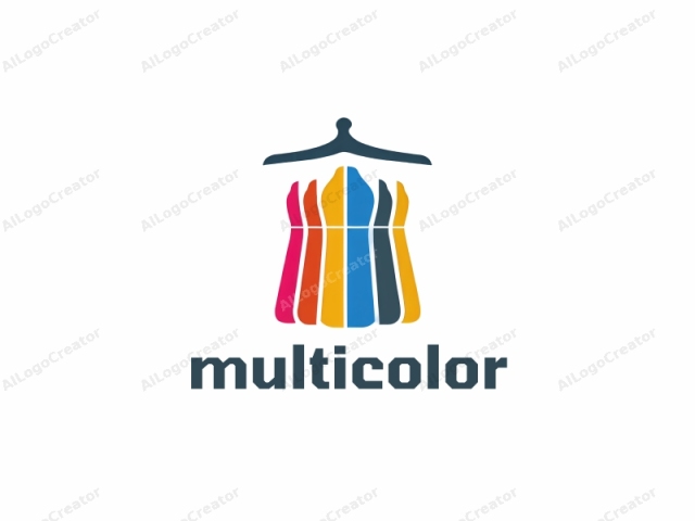 This is a minimalist logo illustration featuring a stylized dress mannequin. The mannequin is drawn in dark blue with a simple, curved hanger at the top. The dress itself is composed of four rectangular segments, each colored differently: