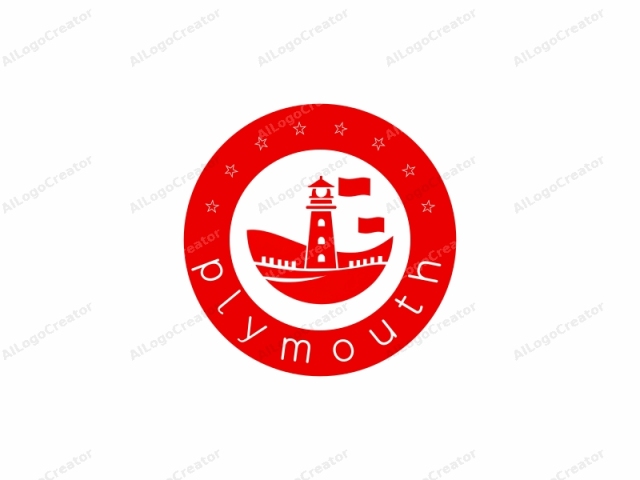 Esta es una ilustración digital de un faro. Todo el logo está ejecutado en un estilo plano y minimalista con un color rojo vibrante. El faro en sí está colocado en el centro, presentando una torre cilíndrica con tres bandas horizontales, cada una representando un nivel diferente