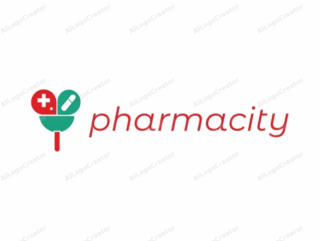 The image is a simple, minimalist, and stylized logo in a digital vector graphic style, featuring a red cross symbol on the top left, a green medical syringe on the top right, and a teal bowl or cup with a handle on