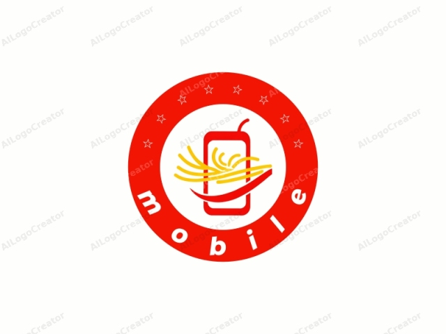 This image is a vector graphic logo with a modern, minimalist design. The logo consists of three primary colors: red, yellow, and white. The central element is a stylized smartphone with a rectangular outline, colored red. The screen of the