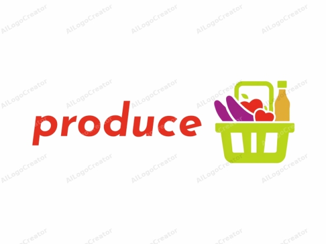 a green shopping basket filled with various fruits and vegetables, set against a white background. The basket, depicted in a simplified, icon-style design, is centered and occupies the majority of the image. The basket is green, with four evenly spaced handles