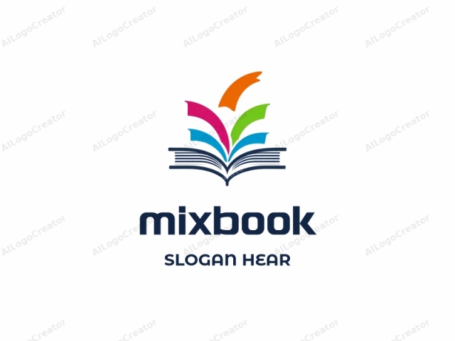 This logo, in a simplified, flat design style, depicts an open book with colorful pages. The book's spine is blue, and its pages are held upright by a horizontal blue bar at the bottom, symbolizing the book's structure. At