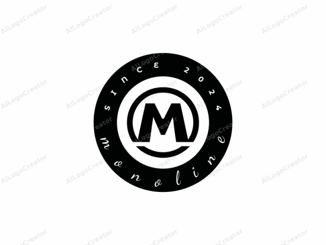 Este es un logo simple y minimalista diseñado en un esquema de colores audaz en blanco y negro. El logo consiste en una letra mayúscula "M" grande colocada en el centro de un anillo circular grueso y negro. El círculo y la letra "M" están ambos renderizados