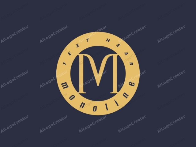 El logo es un diseño minimalista que presenta la letra mayúscula "M" en una fuente serif, representada en un cálido amarillo dorado sobre un fondo azul marino oscuro. El diseño serif le da a la letra un aspecto tradicional y elegante, con detalles finos y curvados en