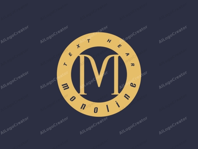 โลโก้นี้เป็นการออกแบบแบบมินิมอลที่มีตัวอักษร "M" ในรูปแบบ serif font, ถูกแสดงด้วยสีเหลืองทองที่อบอุ่นบนพื้นหลังสีน้ำเงินเข้ม การออกแบบ serif ทำให้ตัวอักษรดูคลาสสิกและหรูหรา, พร้อมรายละเอียดโค้งมนที่ละเอียดอ่อน