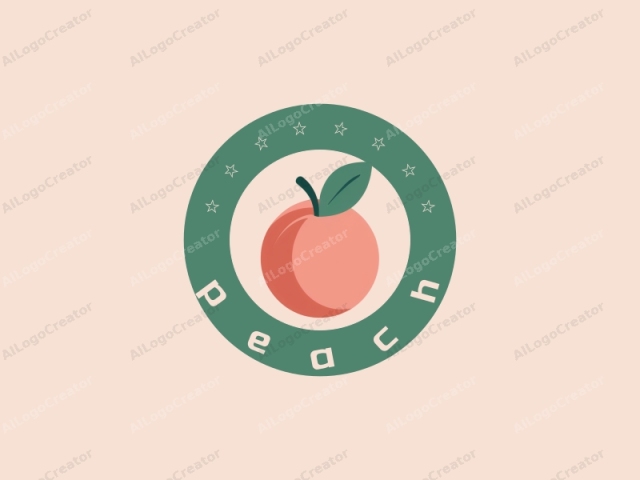 a stylized peach with a green leaf. The image is a digital illustration, characterized by its simplistic and minimalistic design. The peach is depicted in a soft, pastel coral-pink hue with a smooth texture. It has a round shape