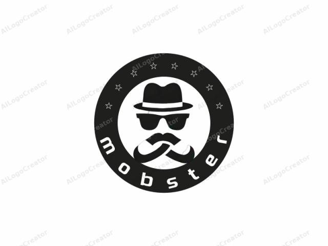 This black-and-white logo features a stylized silhouette of a man's face and mustache. The central figure is a man's head, wearing a black fedora hat that is tilted slightly to the right. The man's eyes and nose are