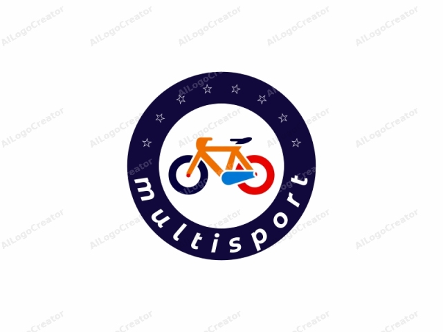 featuring a stylized bicycle design rendered in a minimalist, modern art style. The bicycle, drawn in bold, bright colors, consists of a main orange frame with blue and red accents. The front wheel is dark blue, while the back wheel is bright